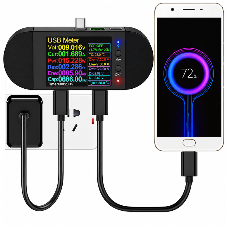 UD24 USB 2.4 Bluetooth Dijital Voltaj Akım Güç ve Kapasite Ölçer – DC 5.5 / Type-C / Micro USB Test CihazıUD24 Bluetooth USB DC Güç ve Kapasite Ölçer | Robo Dünya