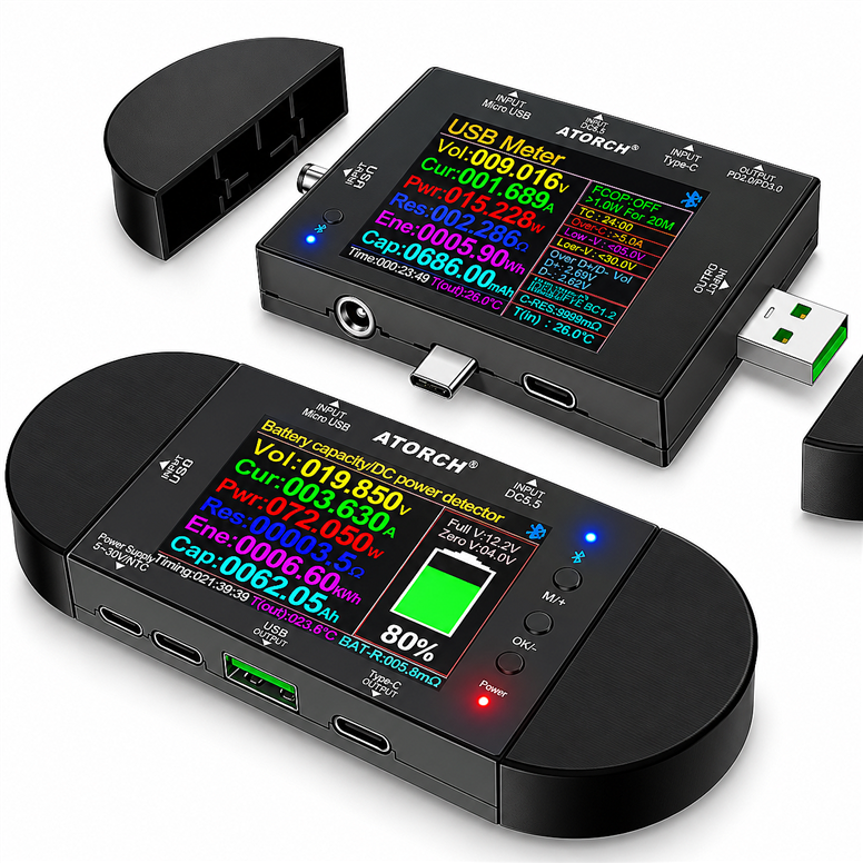 UD24 USB 2.4 Bluetooth Dijital Voltaj Akım Güç ve Kapasite Ölçer – DC 5.5 / Type-C / Micro USB Test CihazıUD24 Bluetooth USB DC Güç ve Kapasite Ölçer | Robo Dünya