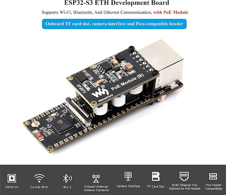 Waveshare ESP32-S3-POE-ETH Ethernet Geliştirme Kartı - Wi-Fi ve Bluetooth - PoE Modülü ile BirlikteWaveshare ESP32-S3 PoE Ethernet Kartı | Robo Dünya