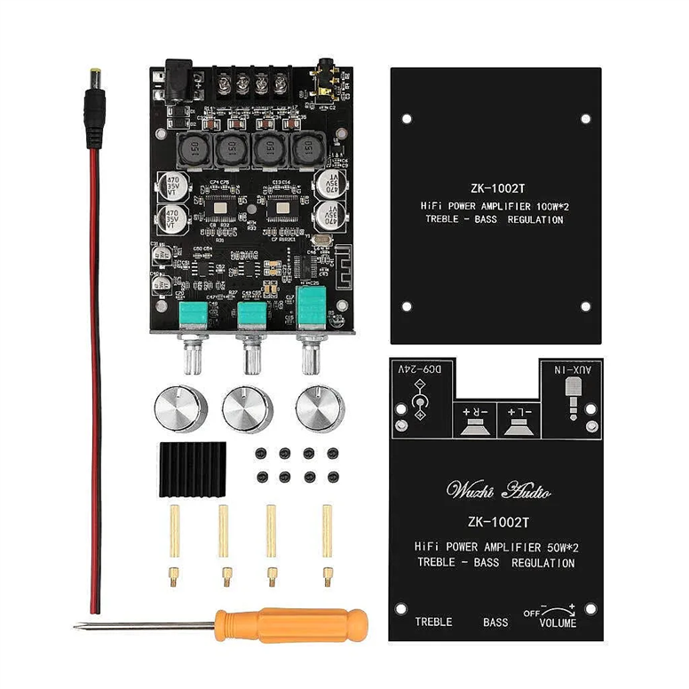 ZK-1002T 2x100W Bluetooth 5.0 TPA3116D2 Stereo Amfi Modülü – Bas/Tiz KontrollüZK-1002T Bluetooth 2x100W Bas Tiz Amfi Modülü | Robo Dünya