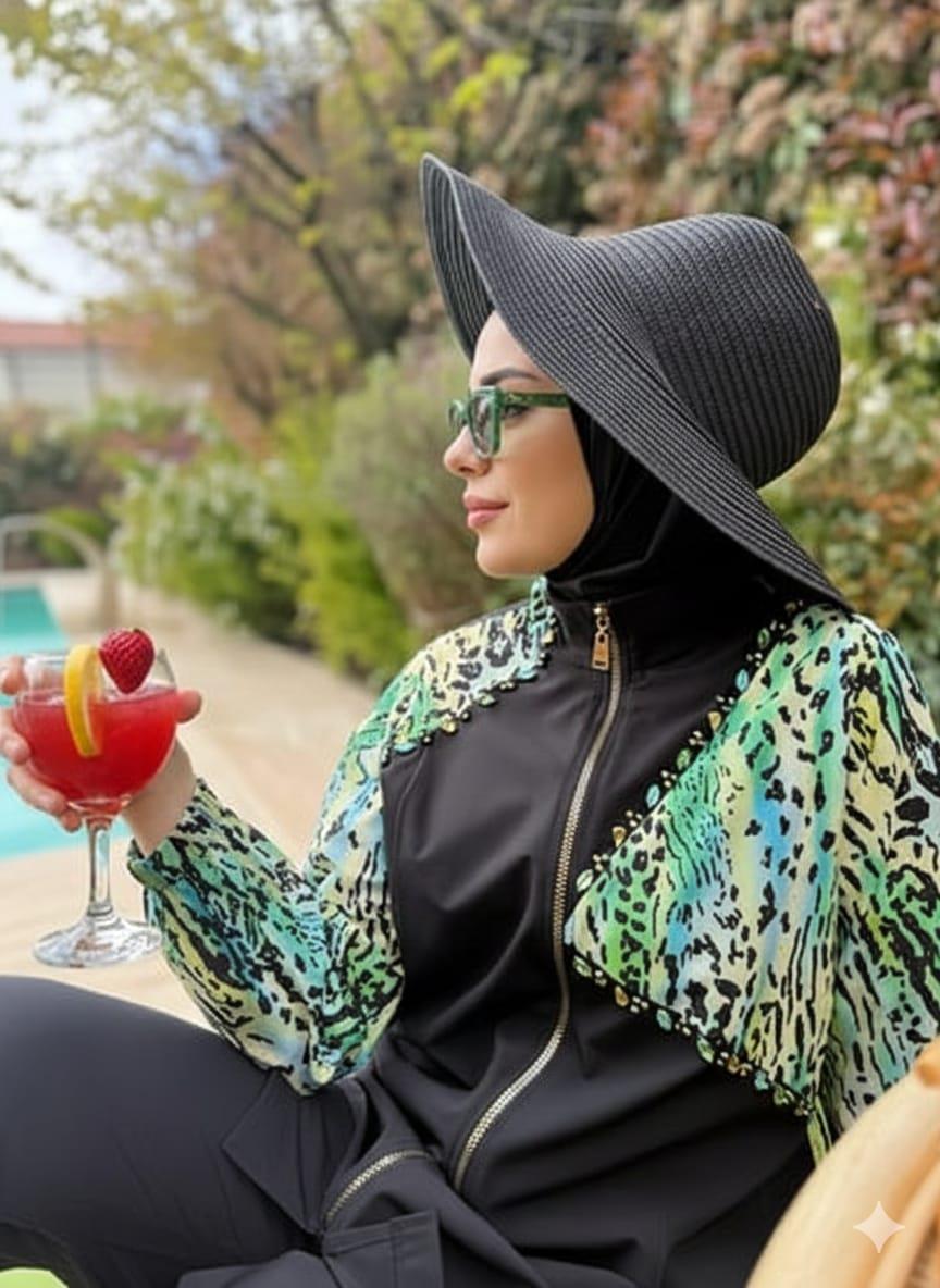 RENKLİ LEOPARLI İŞLEMELİ TESETTÜR MAYO