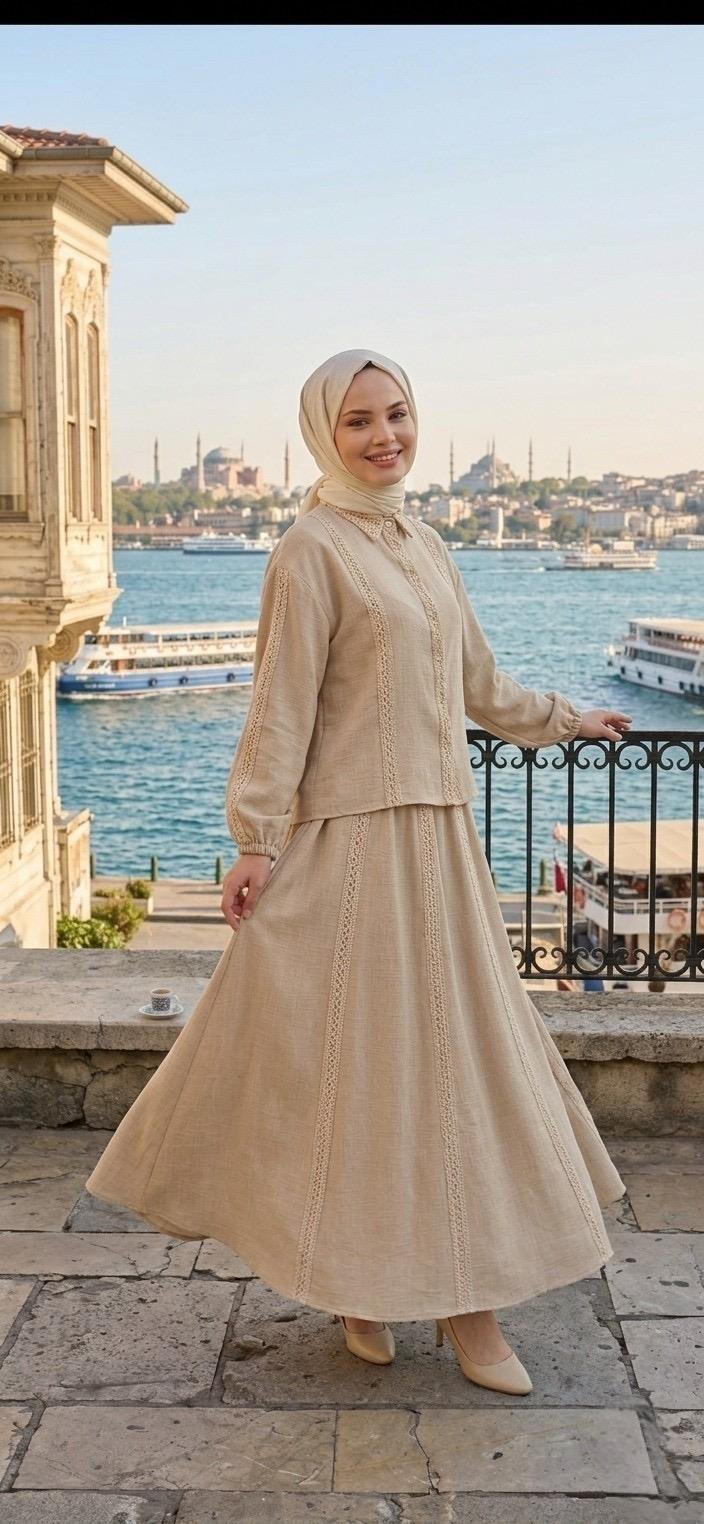 ŞERİT DETAYLI ETEKLİ KETEN TAKIM
