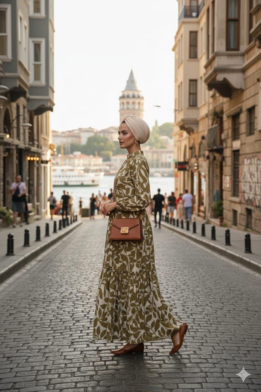 YAPRAK DESENLİ CUPRA KETEN ELBİSE