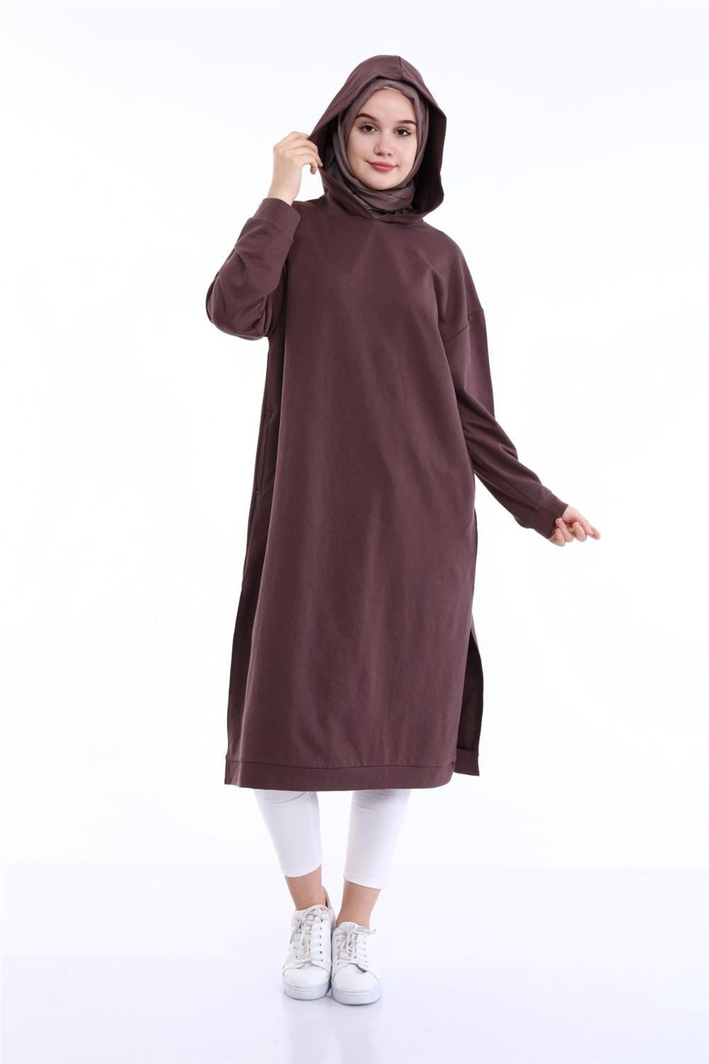 Atlas Kapşonlu Uzun Sade Basic Sweatshirt - 3007 - Kahverengi