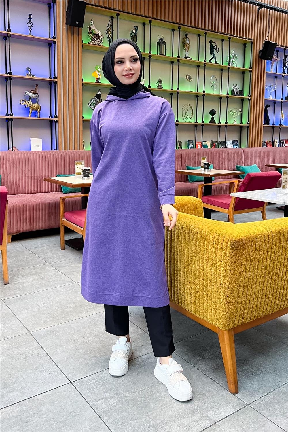 Atlas Kapşonlu Uzun Sade Basic Sweatshirt - 3007 - Koyu Lila