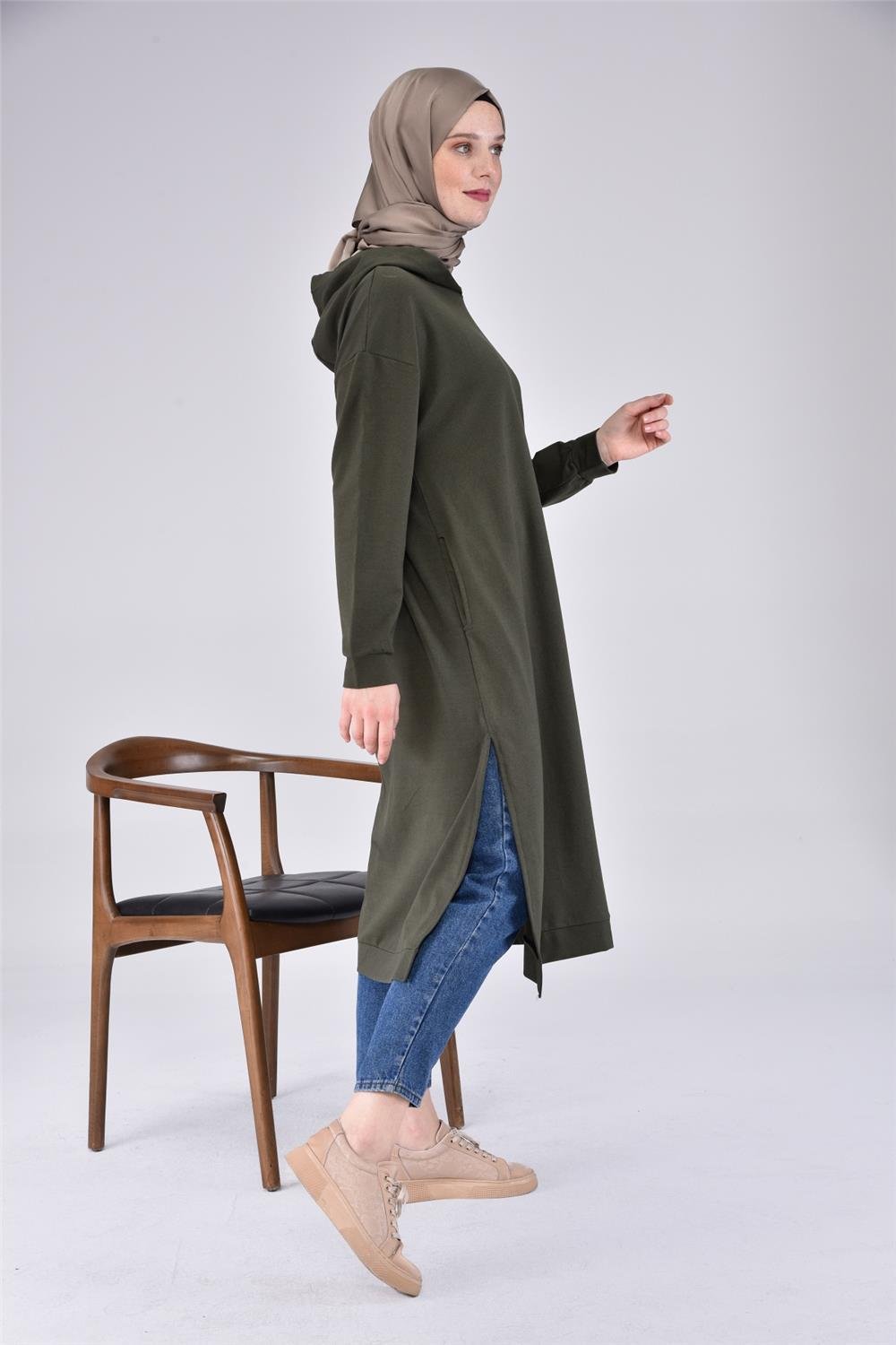 Atlas Kapşonlu Uzun Sade Basic Sweatshirt - 3007 - Haki