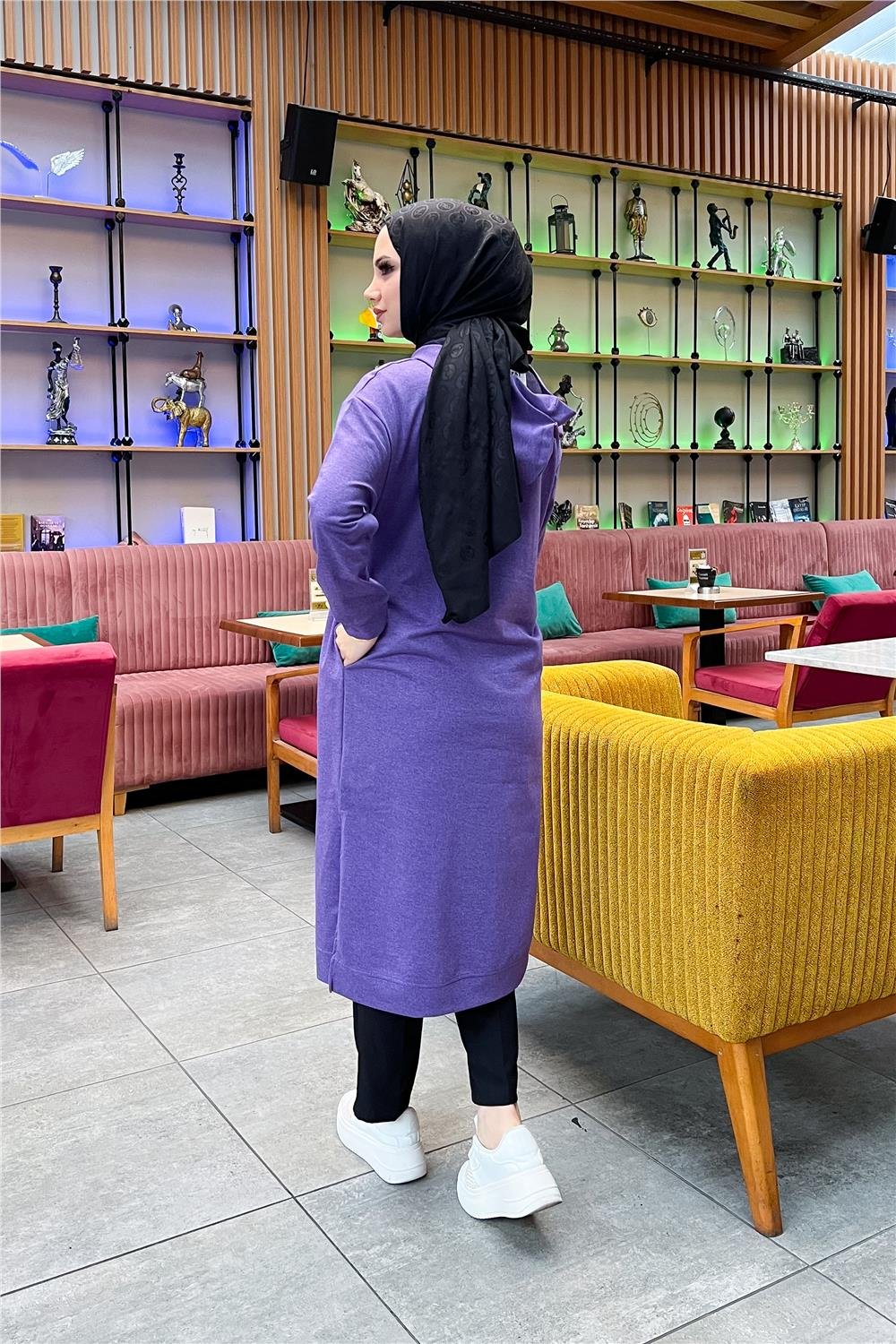 Atlas Kapşonlu Uzun Sade Basic Sweatshirt - 3007 - Koyu Lila