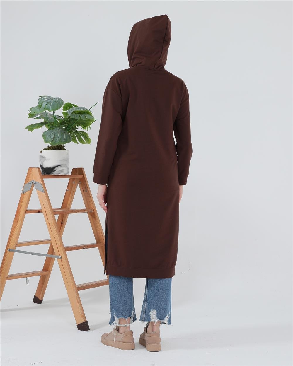 Atlas Kapşonlu Uzun Sade Basic Sweatshirt - 3007 - Mürdüm