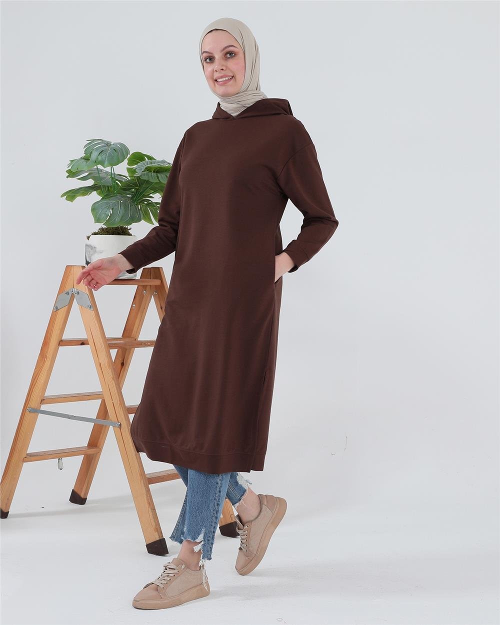 Atlas Kapşonlu Uzun Sade Basic Sweatshirt - 3007 - Mürdüm