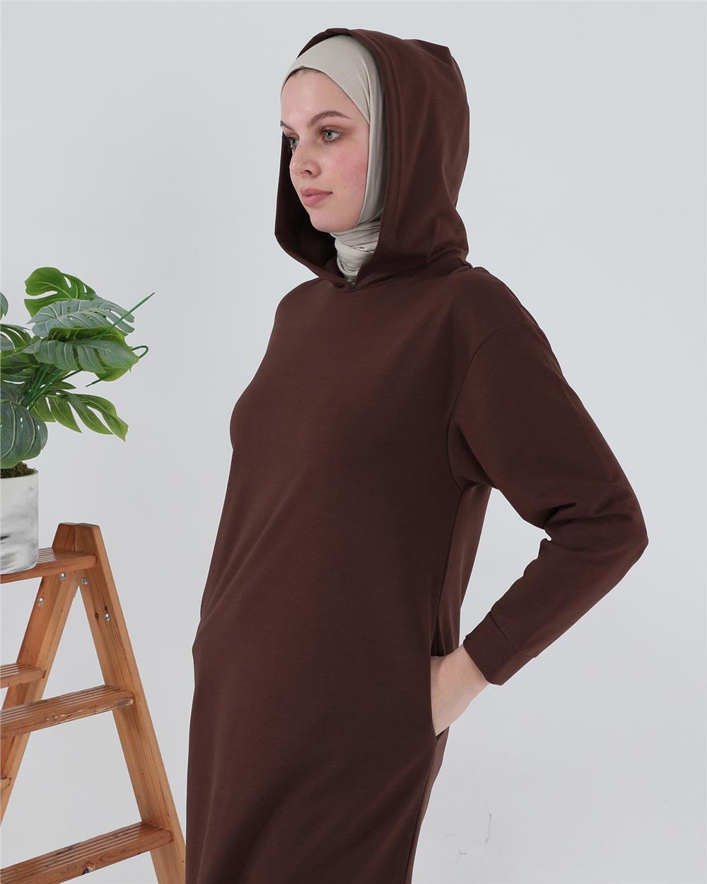 Atlas Kapşonlu Uzun Sade Basic Sweatshirt - 3007 - Mürdüm