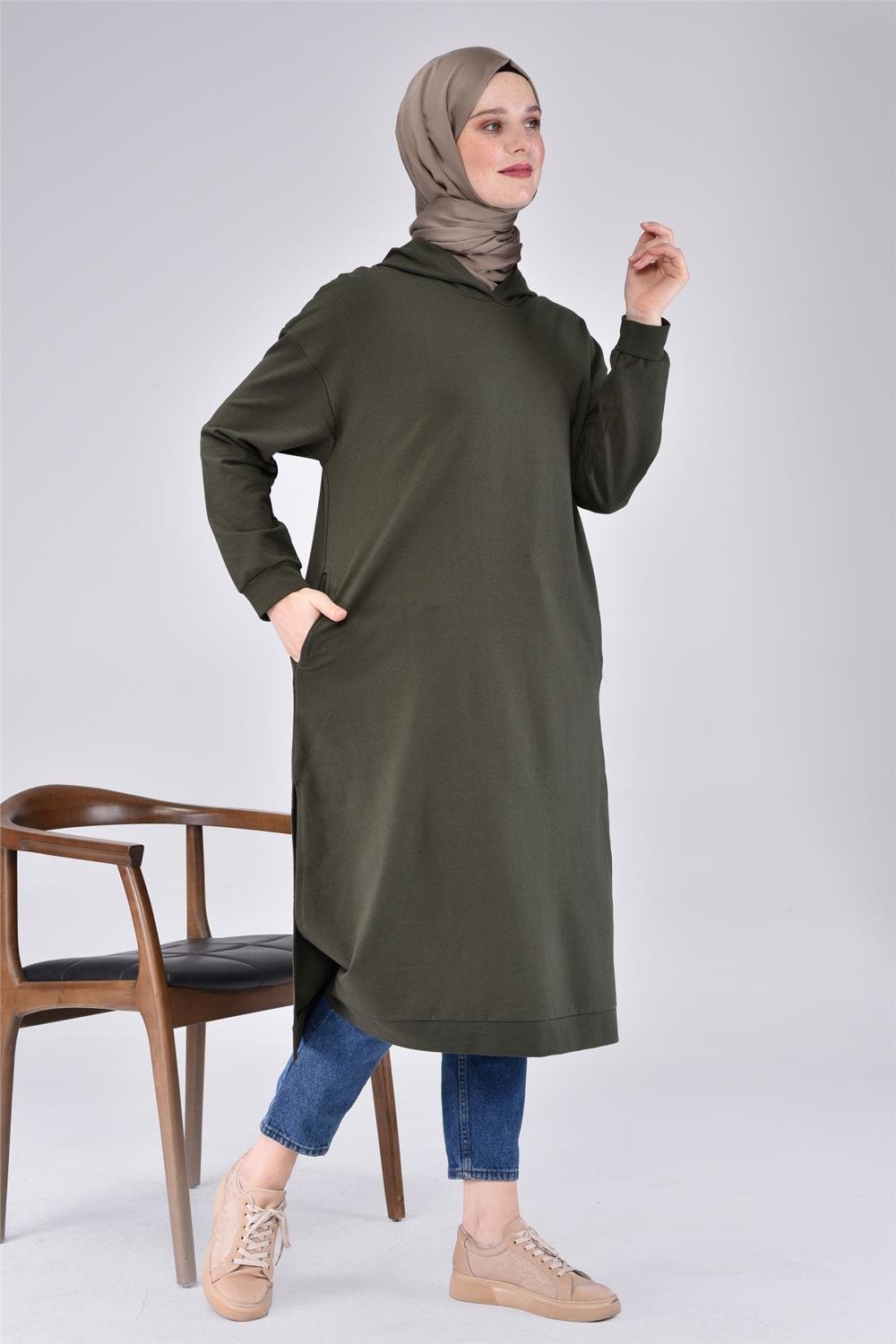 Atlas Kapşonlu Uzun Sade Basic Sweatshirt - 3007 - Haki