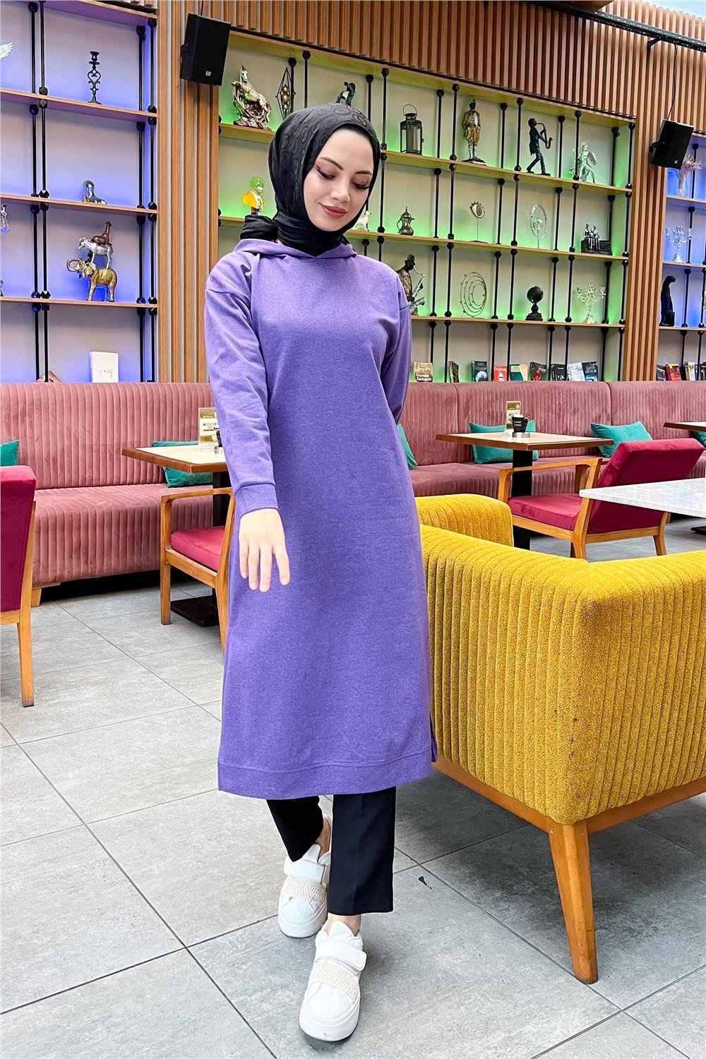Atlas Kapşonlu Uzun Sade Basic Sweatshirt - 3007 - Koyu Lila