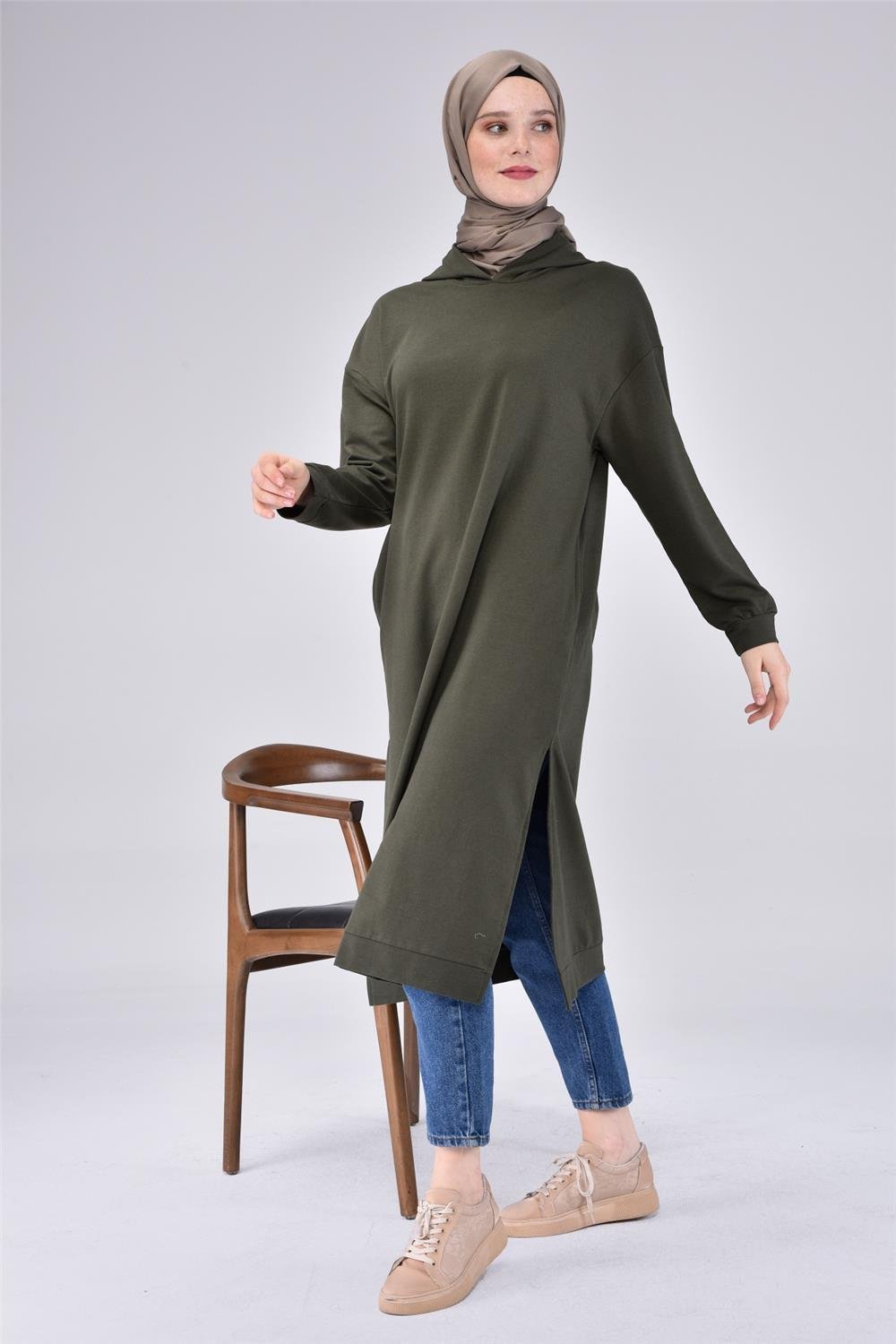 Atlas Kapşonlu Uzun Sade Basic Sweatshirt - 3007 - Haki