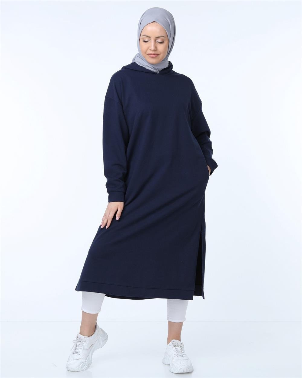 Atlas Kapşonlu Uzun Sade Basic Sweatshirt - 3007 - Lacivert