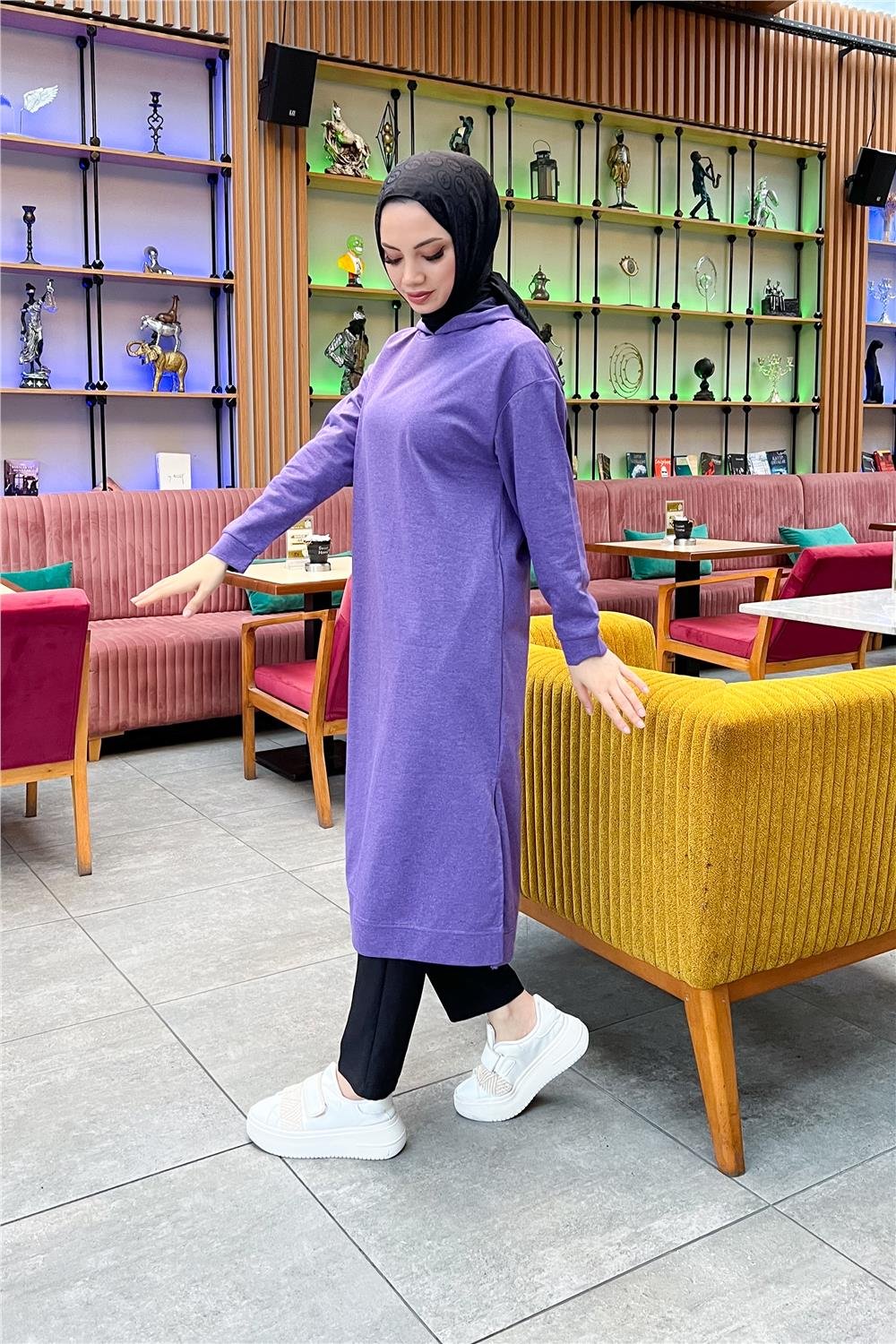 Atlas Kapşonlu Uzun Sade Basic Sweatshirt - 3007 - Koyu Lila