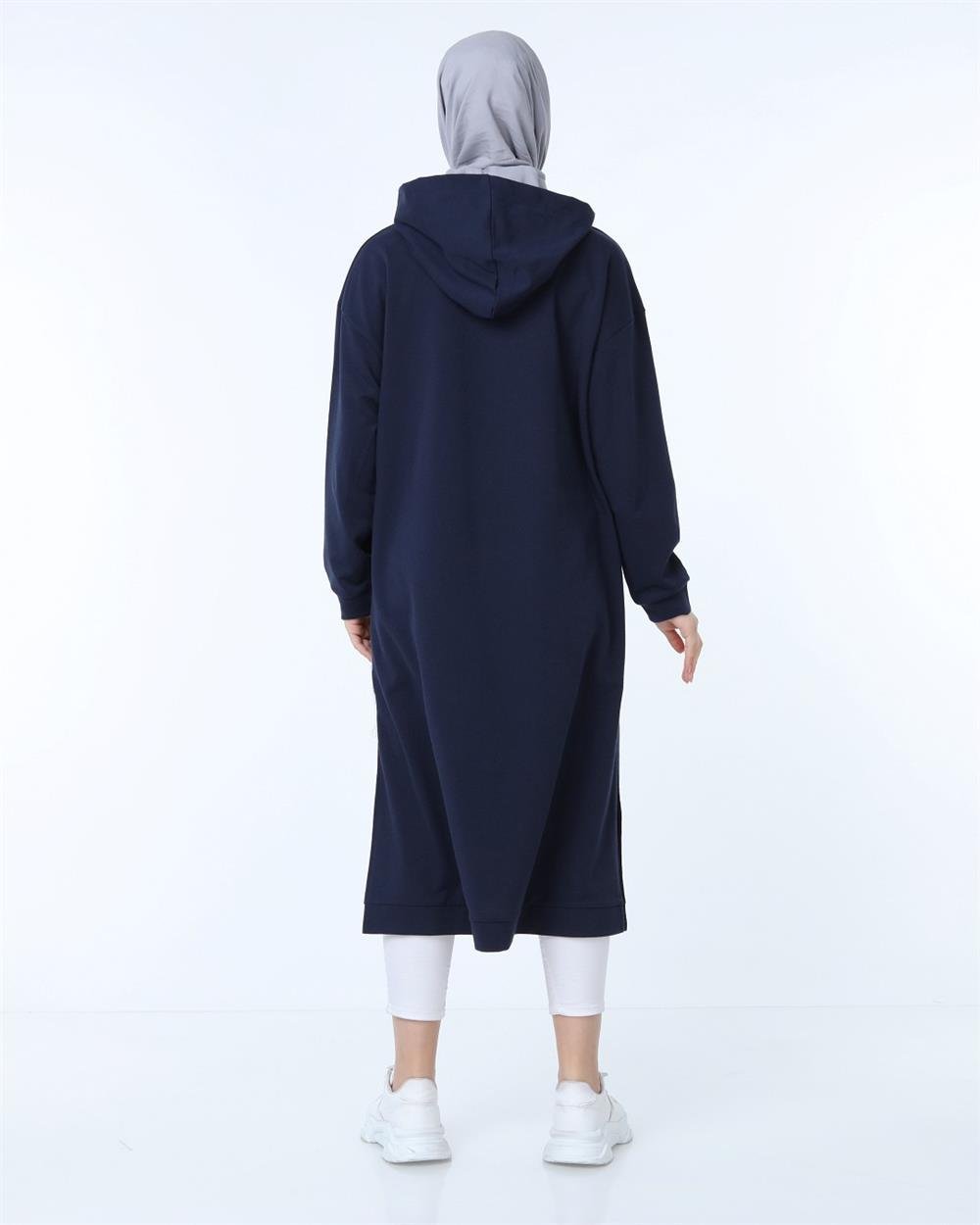 Atlas Kapşonlu Uzun Sade Basic Sweatshirt - 3007 - Lacivert