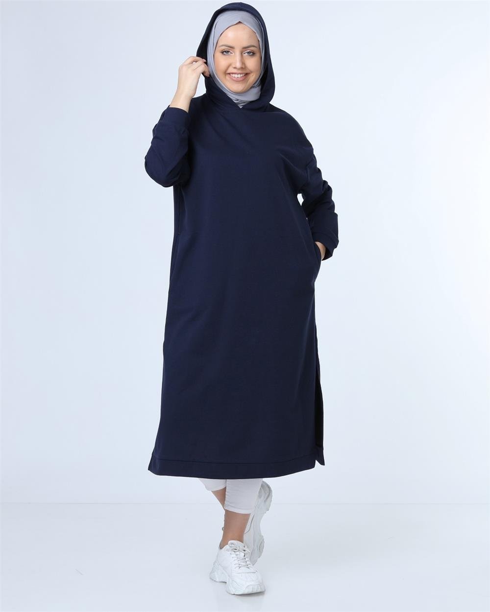 Atlas Kapşonlu Uzun Sade Basic Sweatshirt - 3007 - Lacivert