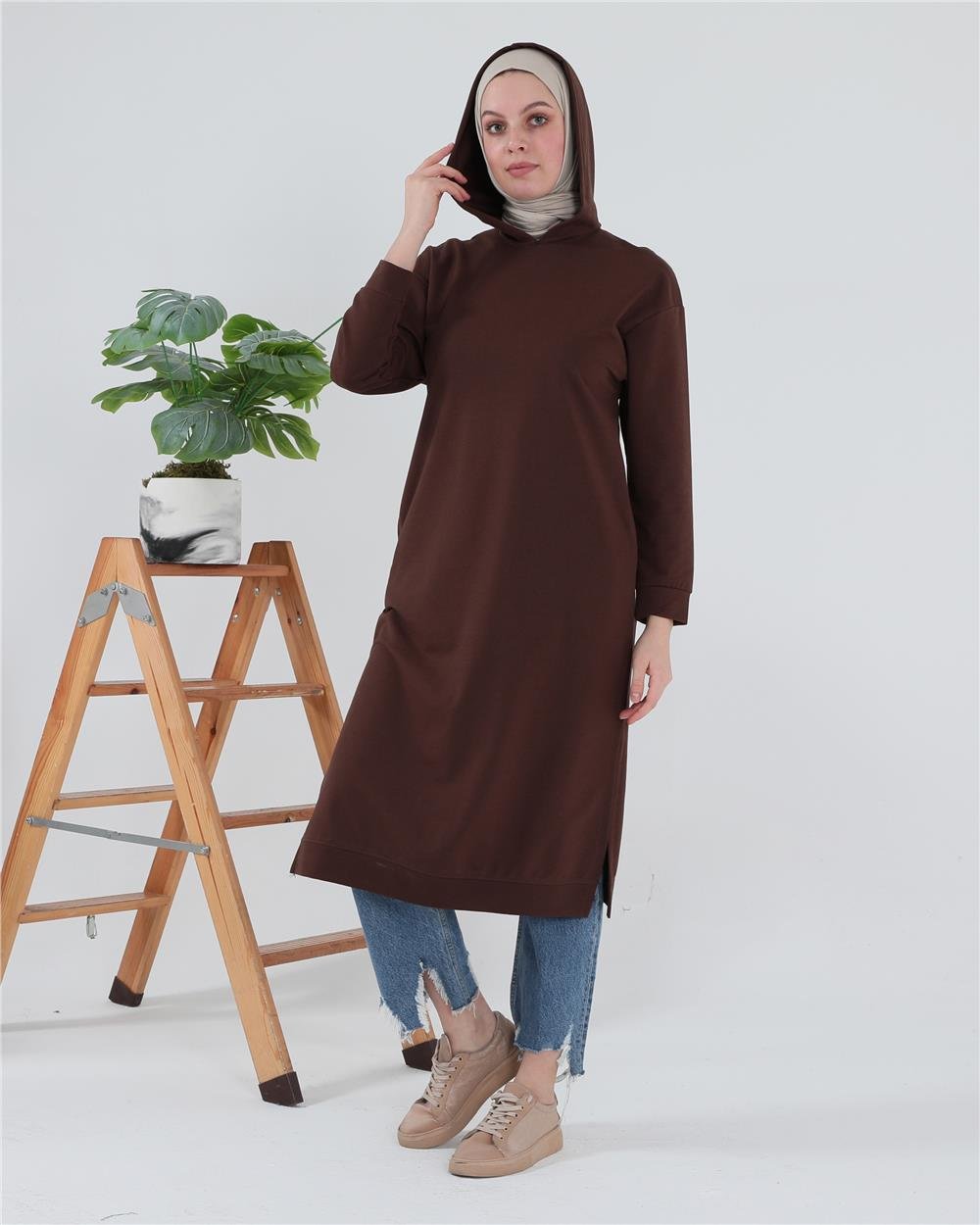 Atlas Kapşonlu Uzun Sade Basic Sweatshirt - 3007 - Mürdüm