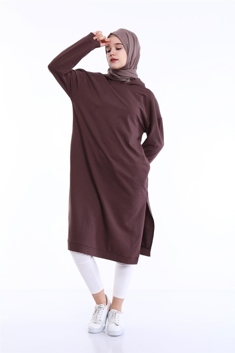 Atlas Kapşonlu Uzun Sade Basic Sweatshirt - 3007 - Kahverengi