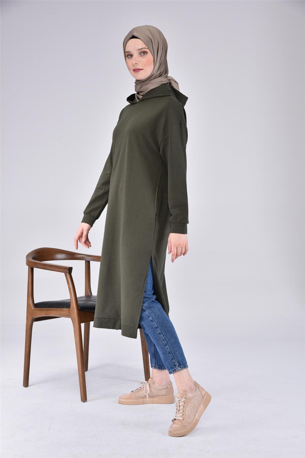 Atlas Kapşonlu Uzun Sade Basic Sweatshirt - 3007 - Haki
