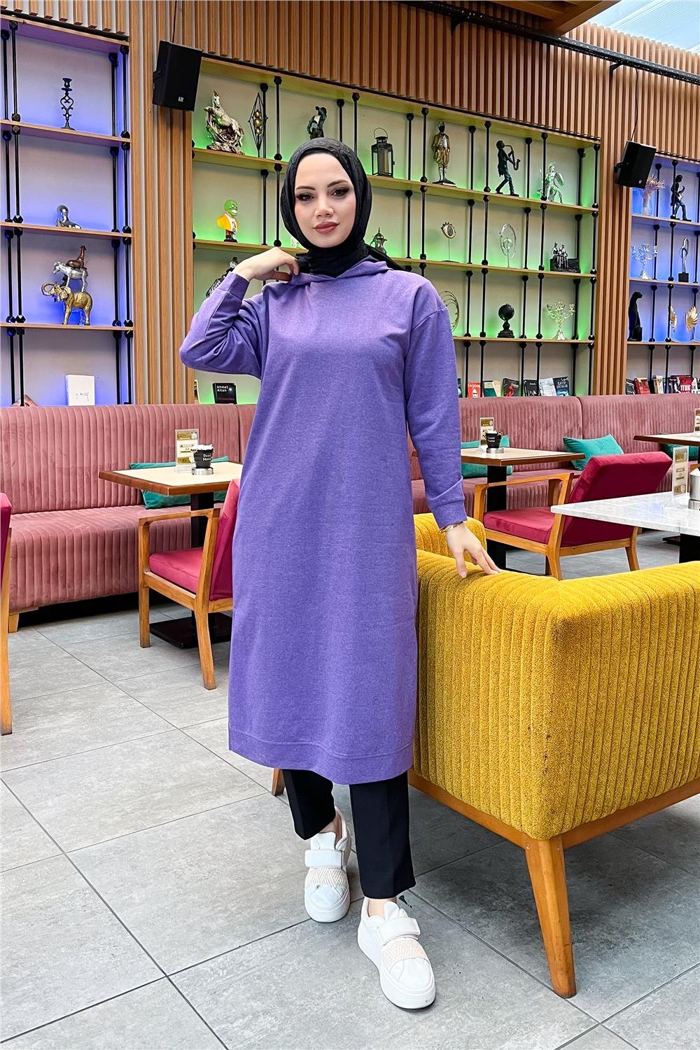 Atlas Kapşonlu Uzun Sade Basic Sweatshirt - 3007 - Koyu Lila