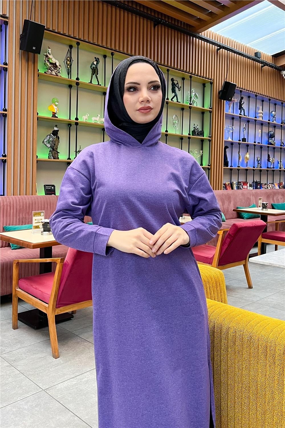 Atlas Kapşonlu Uzun Sade Basic Sweatshirt - 3007 - Koyu Lila