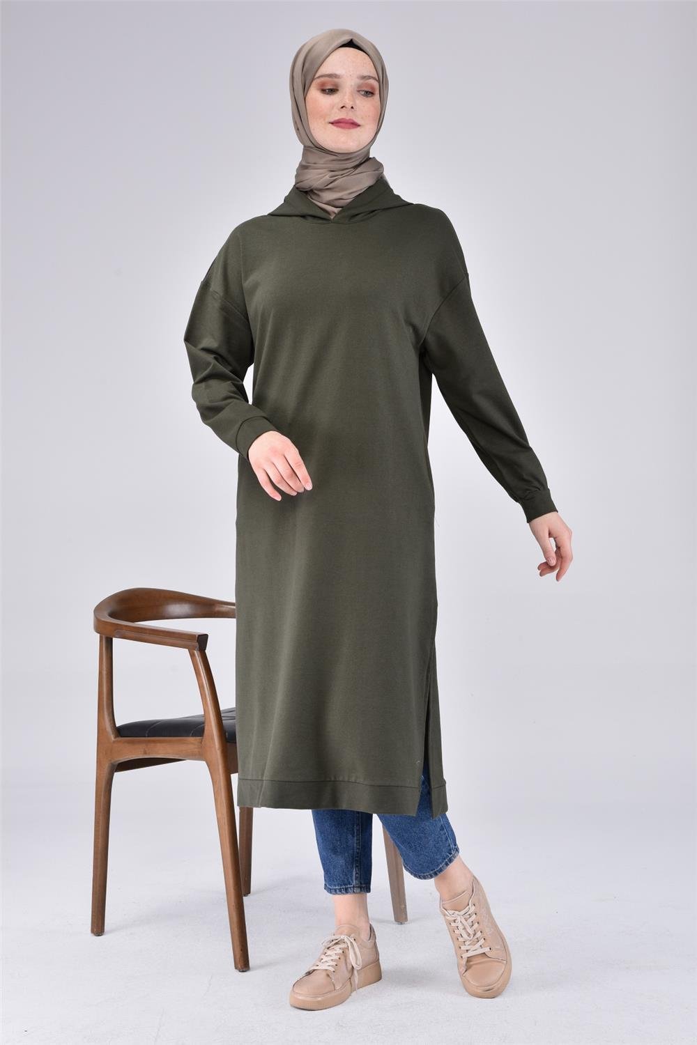 Atlas Kapşonlu Uzun Sade Basic Sweatshirt - 3007 - Haki