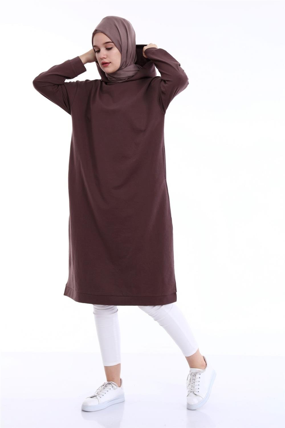 Atlas Kapşonlu Uzun Sade Basic Sweatshirt - 3007 - Kahverengi