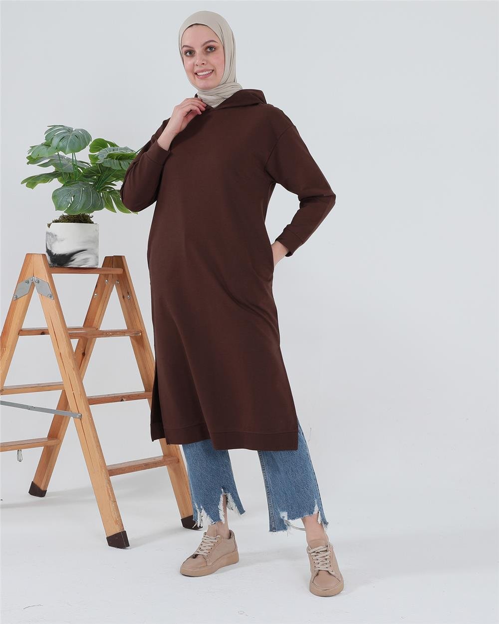 Atlas Kapşonlu Uzun Sade Basic Sweatshirt - 3007 - Mürdüm