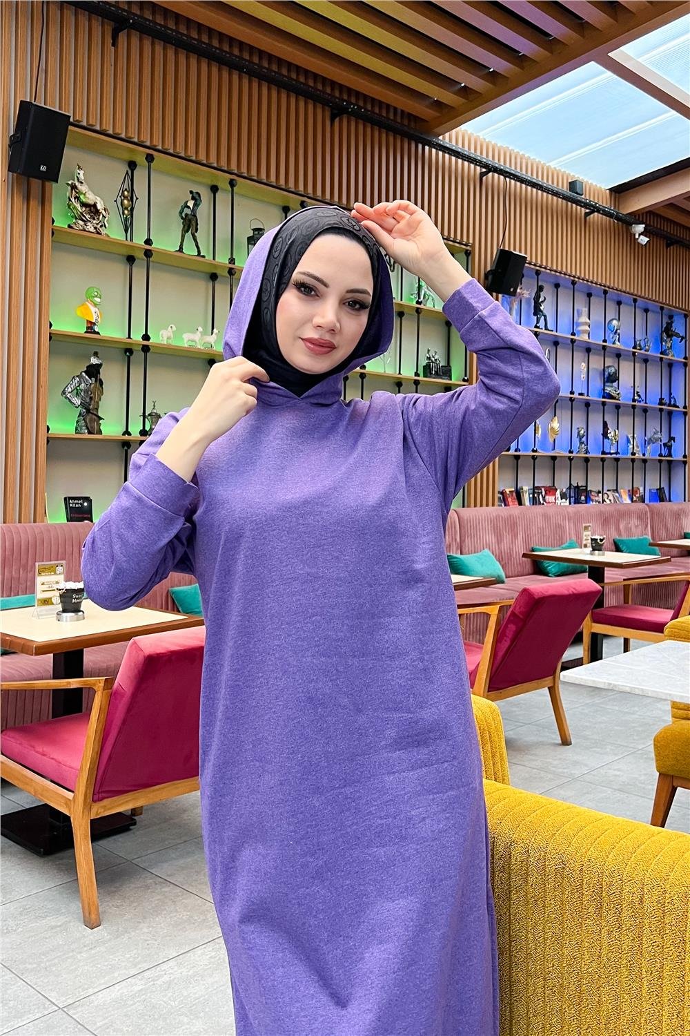 Atlas Kapşonlu Uzun Sade Basic Sweatshirt - 3007 - Koyu Lila