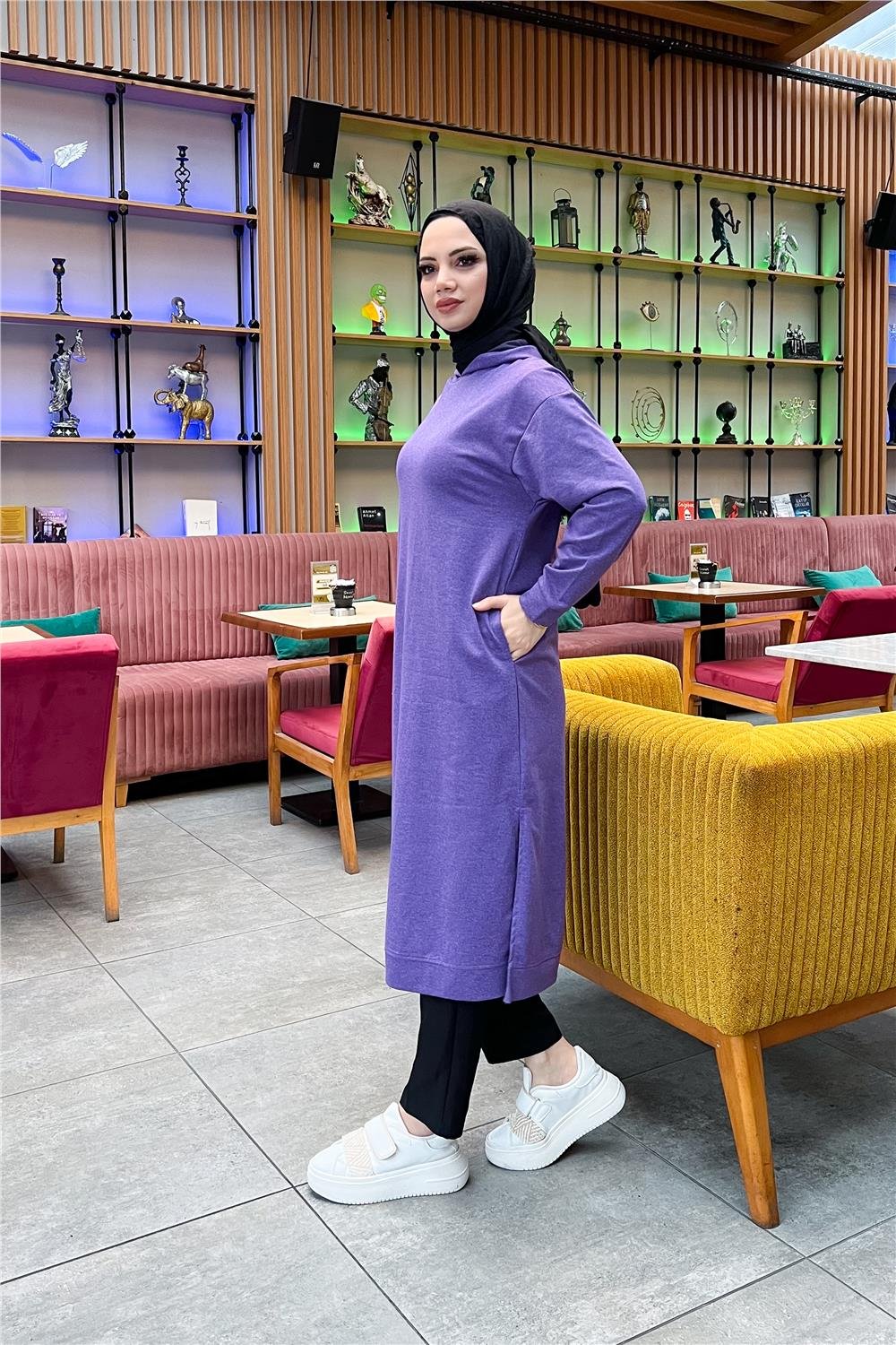 Atlas Kapşonlu Uzun Sade Basic Sweatshirt - 3007 - Koyu Lila