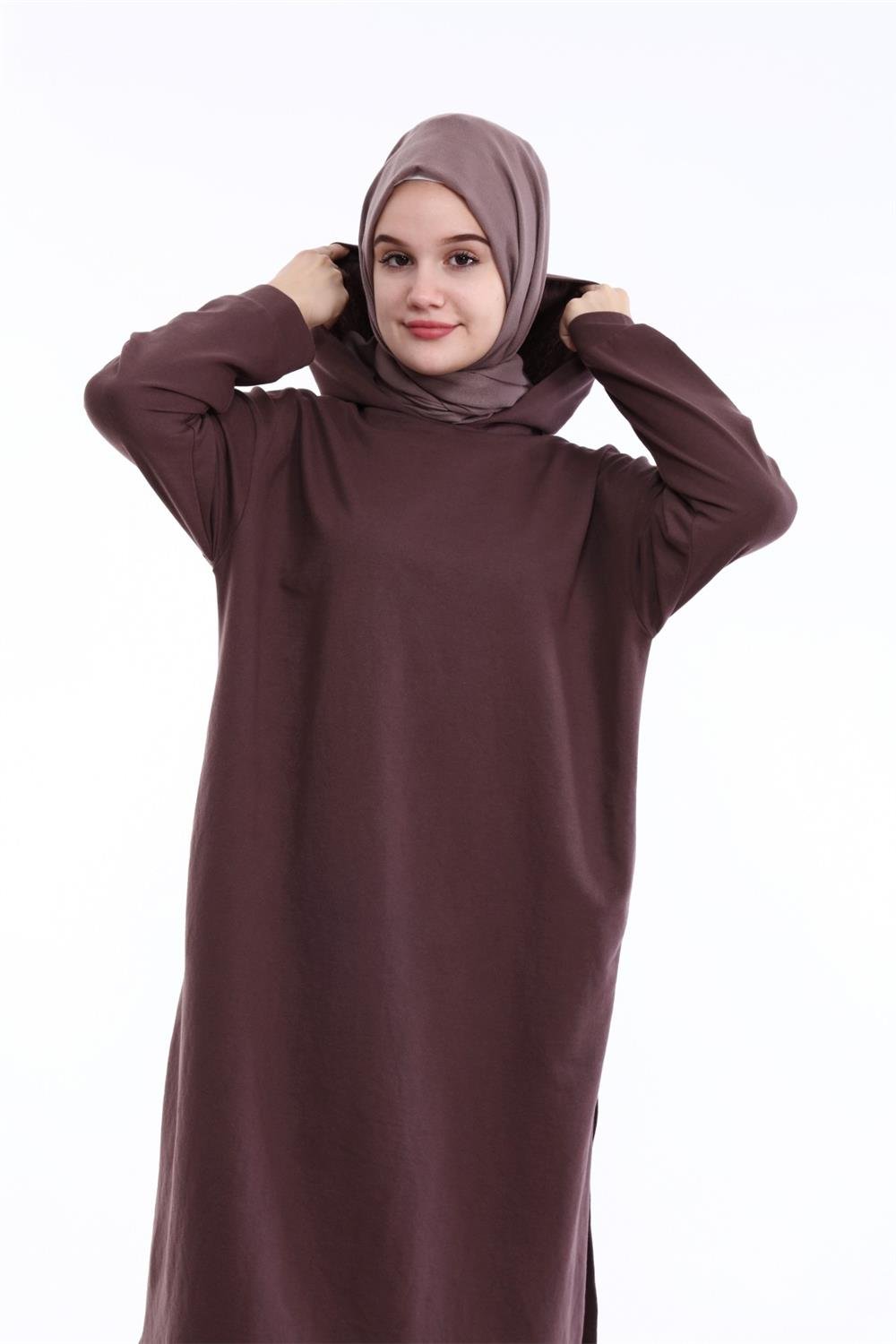 Atlas Kapşonlu Uzun Sade Basic Sweatshirt - 3007 - Kahverengi