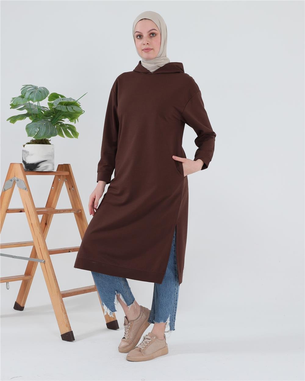 Atlas Kapşonlu Uzun Sade Basic Sweatshirt - 3007 - Mürdüm