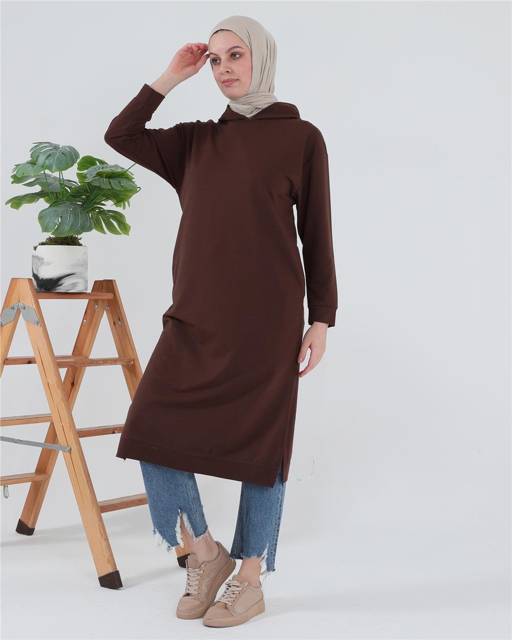 Atlas Kapşonlu Uzun Sade Basic Sweatshirt - 3007 - Mürdüm