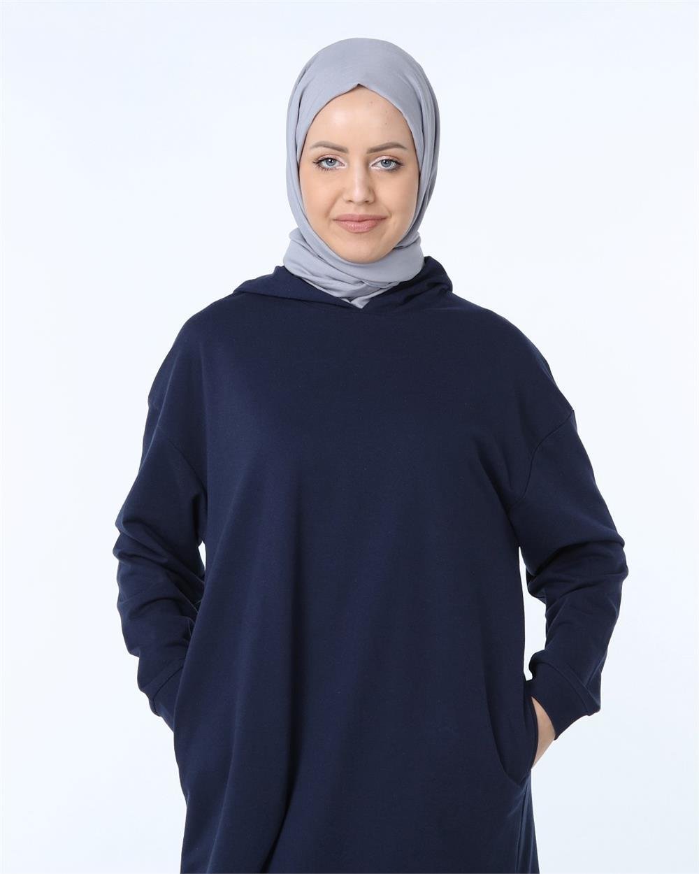 Atlas Kapşonlu Uzun Sade Basic Sweatshirt - 3007 - Lacivert