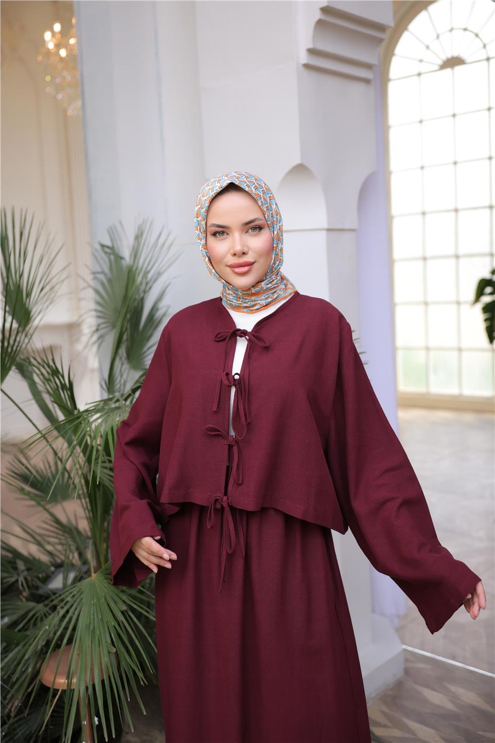 Bağcık Düğmeli Kıs aRahat Kesim Tunik - Cepli Etek Takımı - (-) - 71285 - Bordo