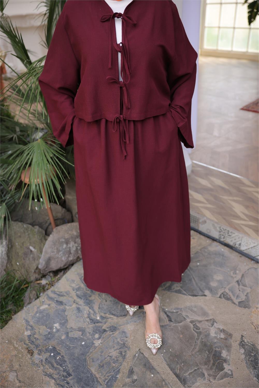 Bağcık Düğmeli Kıs aRahat Kesim Tunik - Cepli Etek Takımı - (-) - 71285 - Bordo