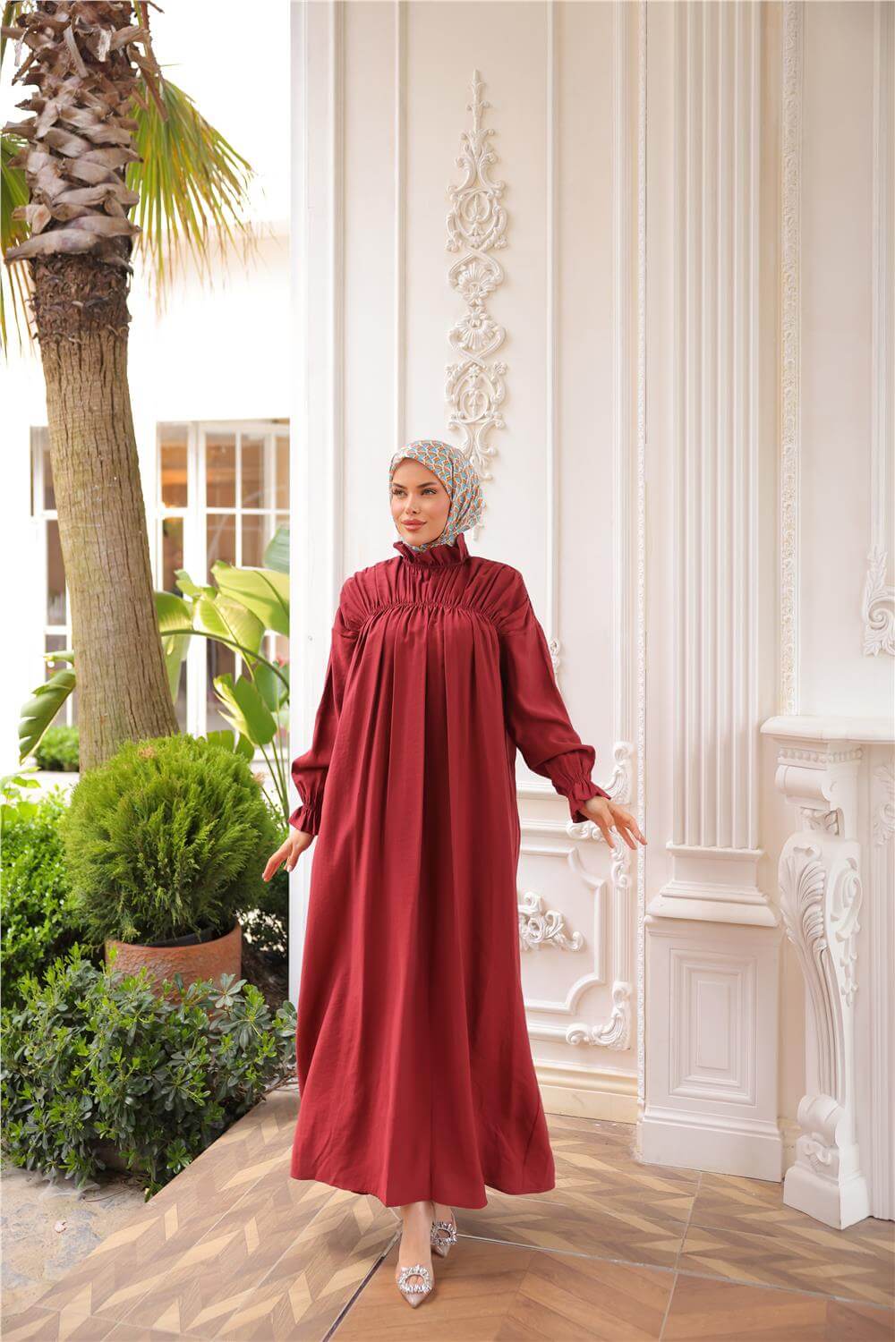 Balıkçı Dik Yaka Kolları Lastikli Bol Kesim Büzgülü Uzun Elbise - (38-46) - 71270 - Bordo