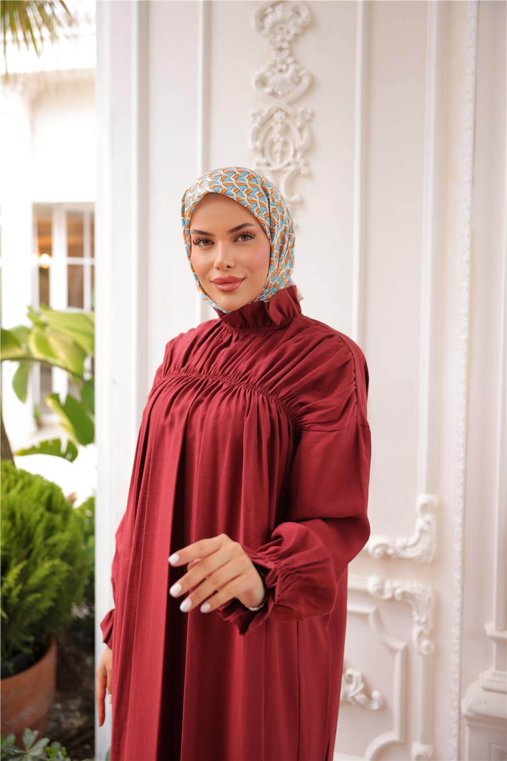 Balıkçı Dik Yaka Kolları Lastikli Bol Kesim Büzgülü Uzun Elbise - (38-46) - 71270 - Bordo