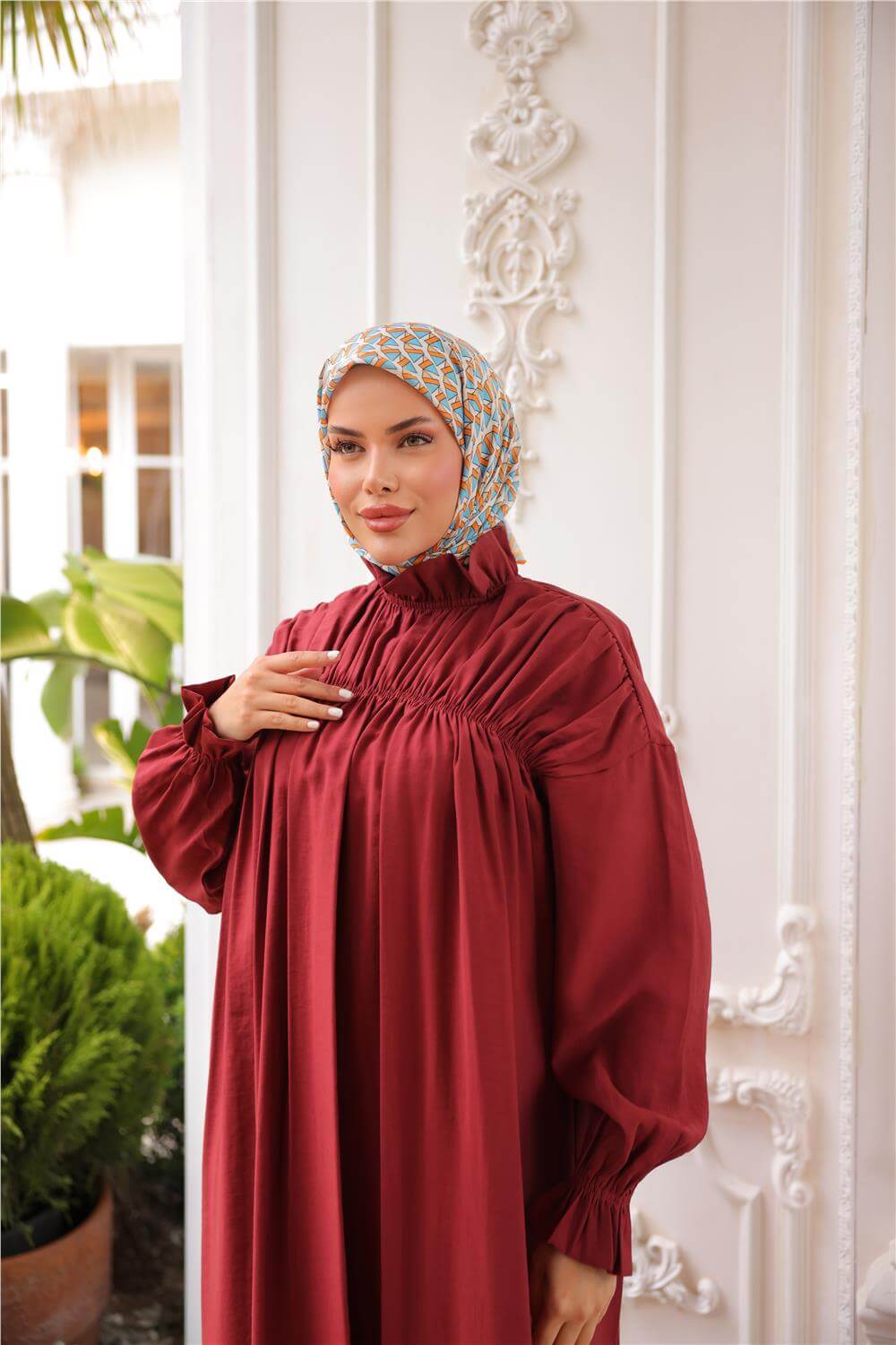 Balıkçı Dik Yaka Kolları Lastikli Bol Kesim Büzgülü Uzun Elbise - (38-46) - 71270 - Bordo