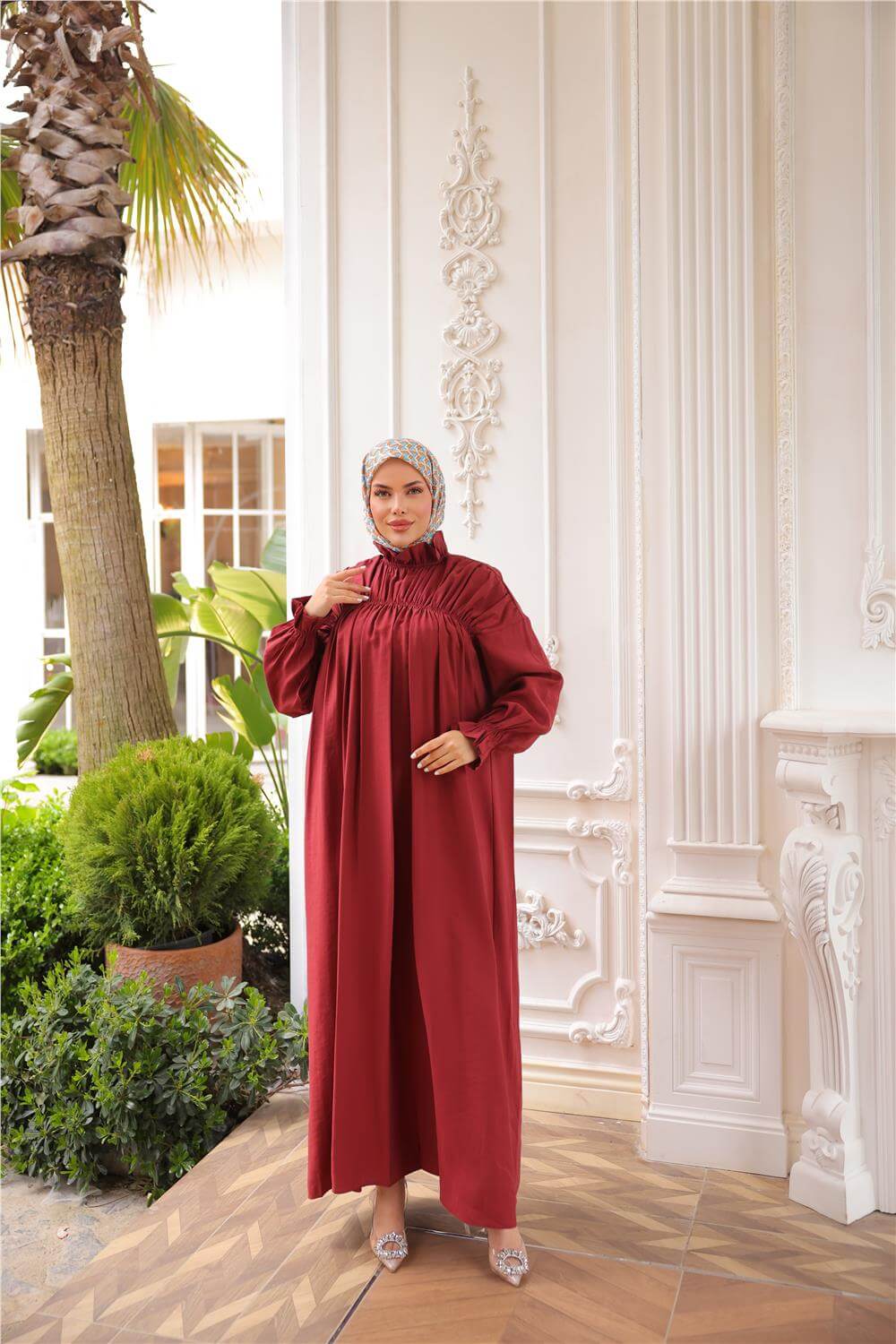 Balıkçı Dik Yaka Kolları Lastikli Bol Kesim Büzgülü Uzun Elbise - (38-46) - 71270 - Bordo