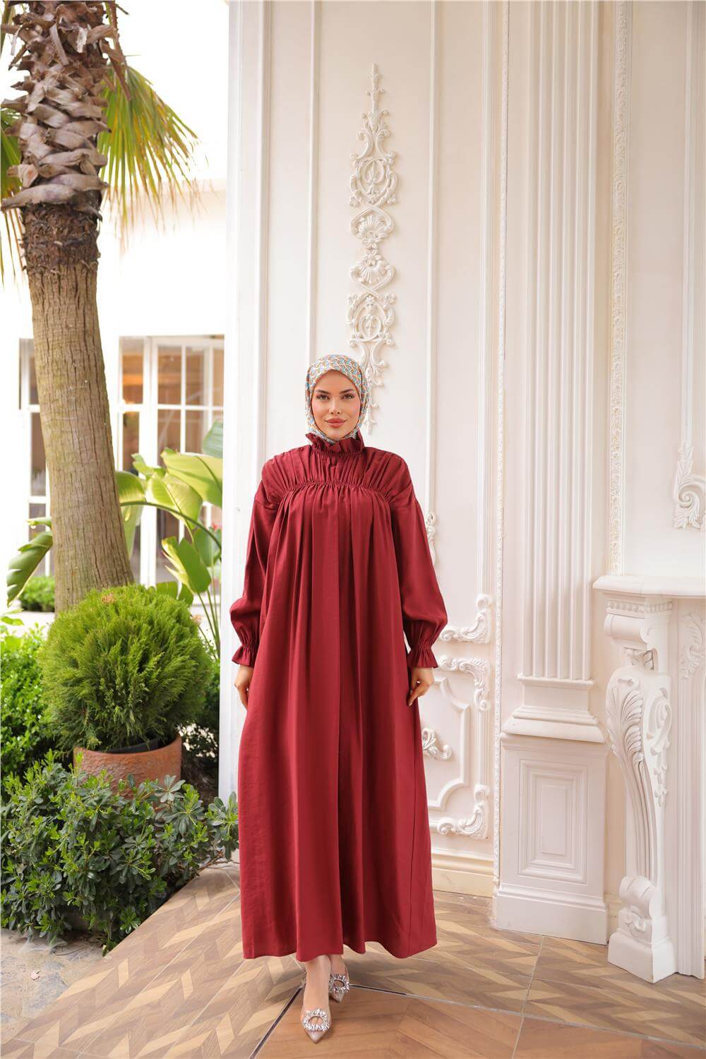 Balıkçı Dik Yaka Kolları Lastikli Bol Kesim Büzgülü Uzun Elbise - (38-46) - 71270 - Bordo