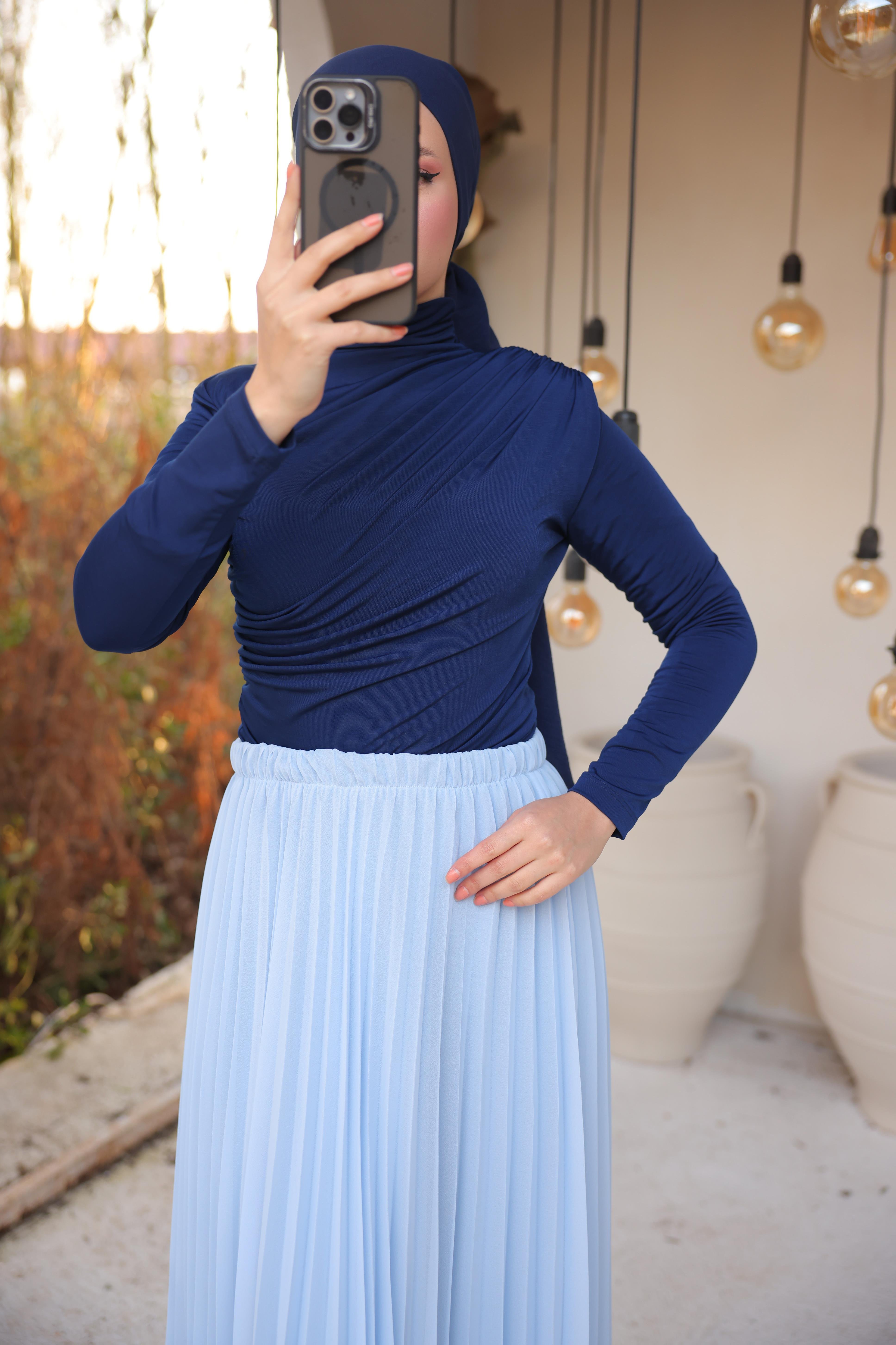 Boğazlı Uzun Kollu Sade Bluz - 71264.015 - Lacivert
