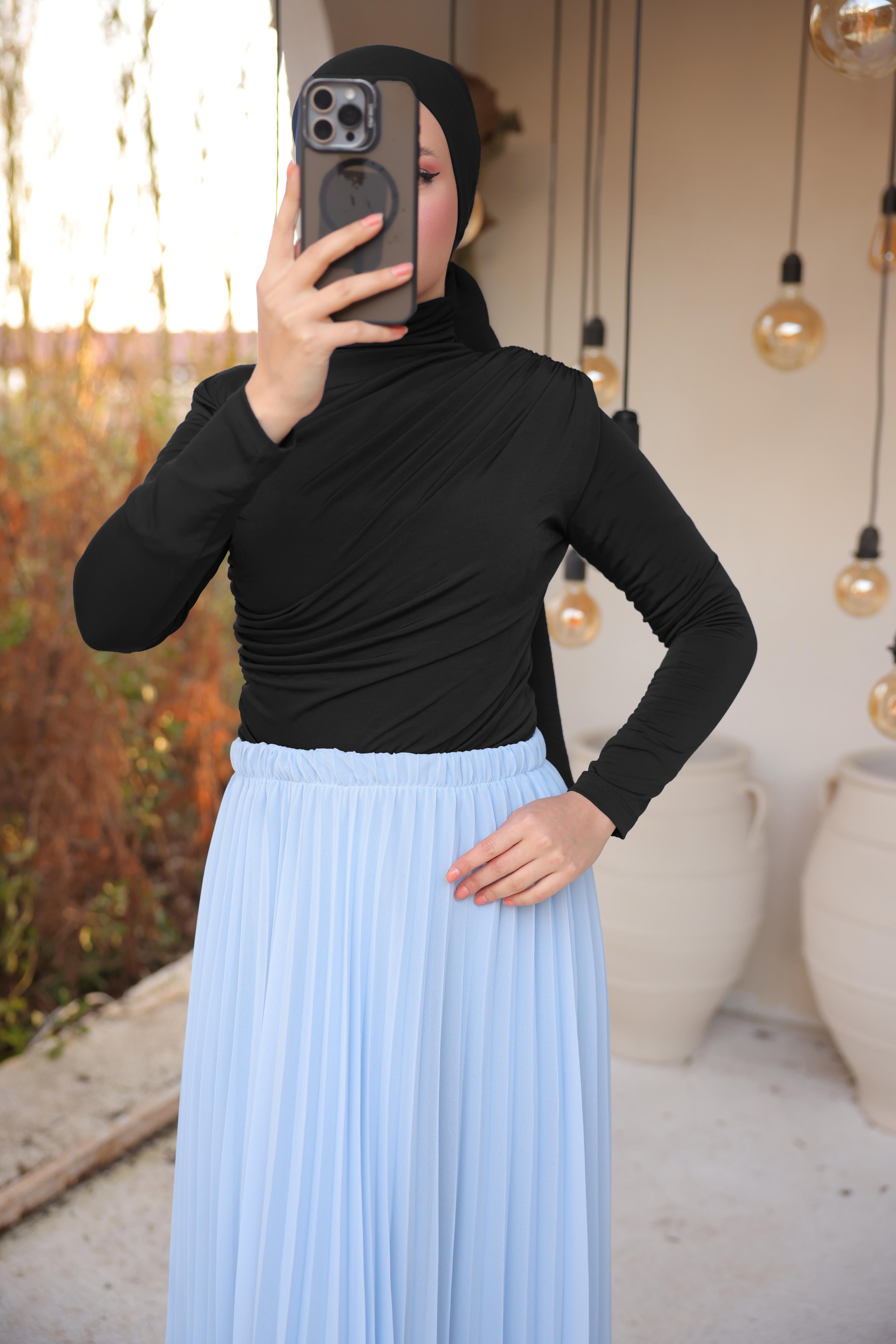 Boğazlı Uzun Kollu Sade Bluz - 71264.003 - Siyah