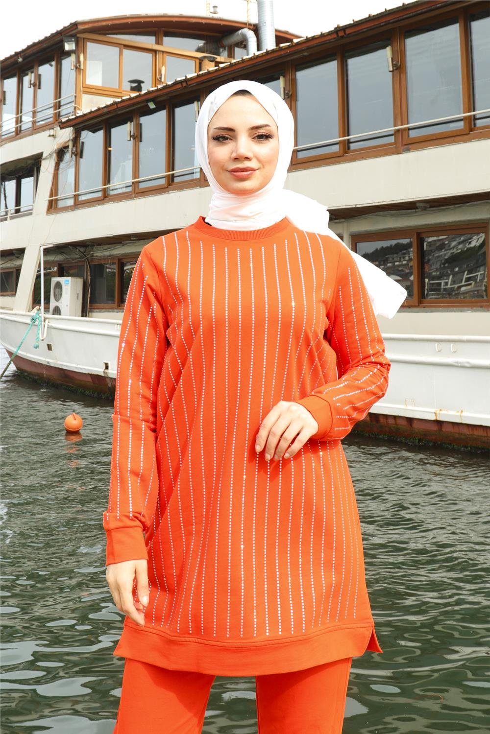 Çizgili Taş Desenli O Yaka İkili Tesettür Eşofman Takımı - 71187.036 - Oranj
