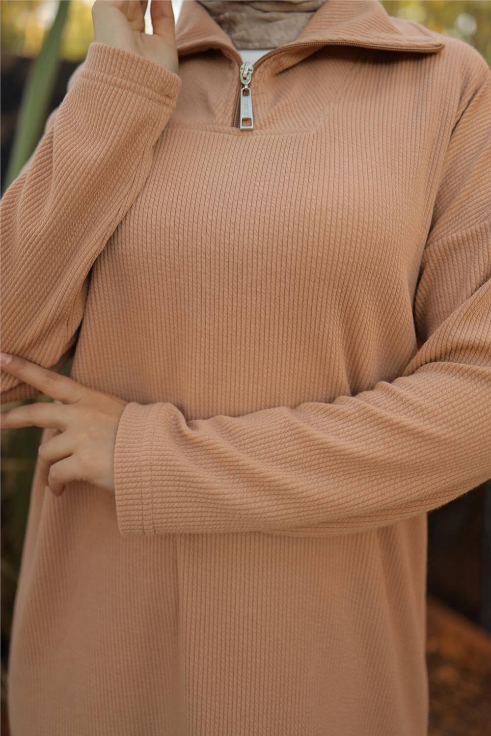 Fermuar Yaka Sade Sweat İkili Takım - 71221.026 - Bej