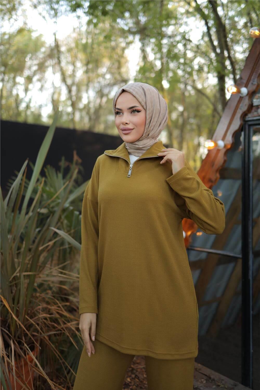 Fermuar Yaka Sade Sweat İkili Takım - 71221.024 - Hardal