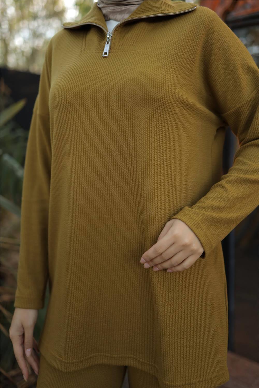 Fermuar Yaka Sade Sweat İkili Takım - 71221.024 - Hardal