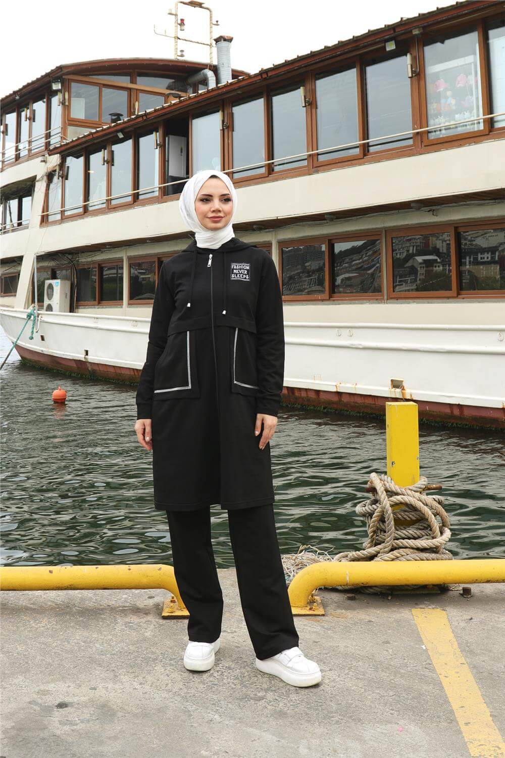Fermuarlı Cepli Kapşonlu İkili Tesettür Eşofman Takımı - 71184.003 - Siyah