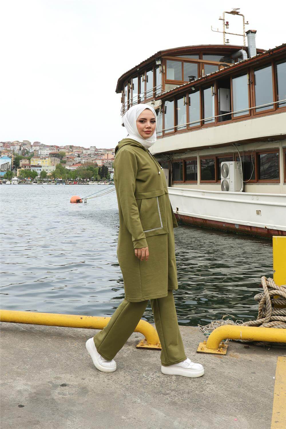Fermuarlı Cepli Kapşonlu İkili Tesettür Eşofman Takımı - 71184.108 - Yağ Yeşili
